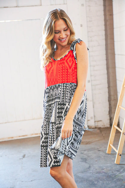 Red/Black  Shoulder Tie Knot Tiered Dress