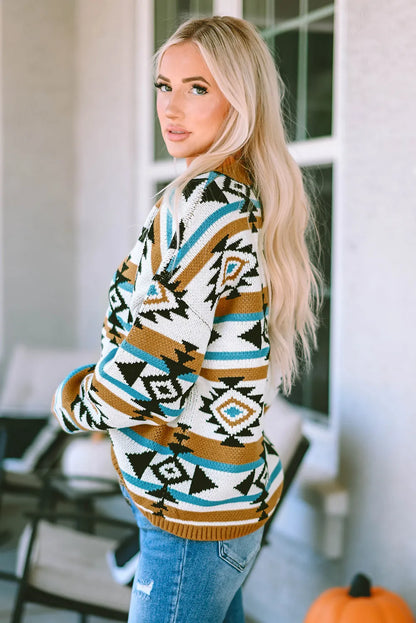 Full Size Geometric Round Neck Long Sleeve Sweater