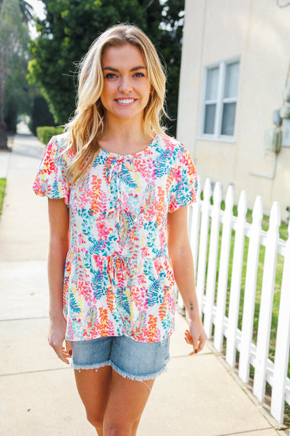 Perfect Find Ivory Floral Leaf Print Short Sleeve Babydoll Top
