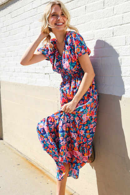 Find Love Blue Floral Raglan Puff Sleeves V Neck Smocked Waist Maxi