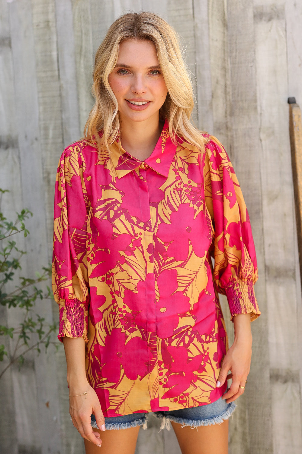 Elegant In Fuchsia Satin Button-Down Smock Long Sleeve Blouse