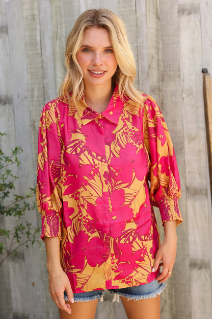 Elegant In Fuchsia Satin Button-Down Smock Long Sleeve Blouse