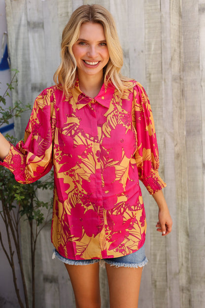Elegant In Fuchsia Satin Button-Down Smock Long Sleeve Blouse