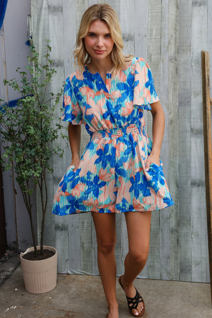 Feeling Bold Turquoise Floral Smocked Waist Flutter Sleeve Romper