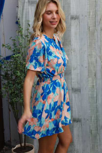 Feeling Bold Turquoise Floral Smocked Waist Flutter Sleeve Romper