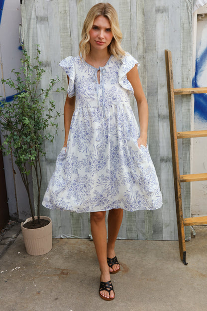 Vintage Vibes Dusty Blue Folded Ruffle Short Sleeve Babydoll Dress