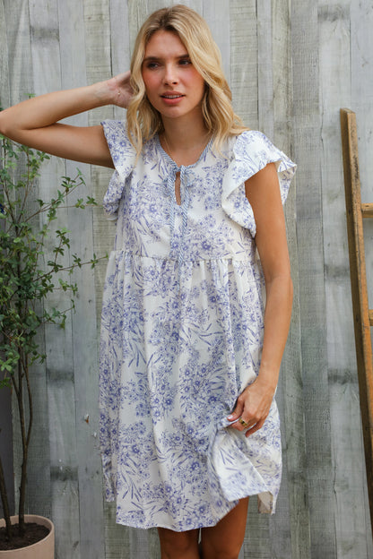 Vintage Vibes Dusty Blue Folded Ruffle Short Sleeve Babydoll Dress
