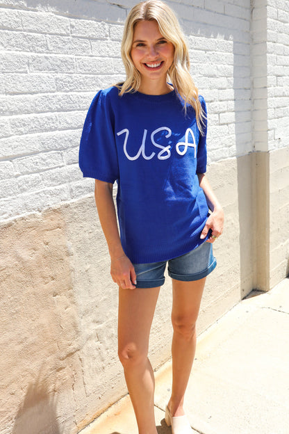 Patriotic USA Blue Knit Embroidery Puff Sleeve Sweater Top