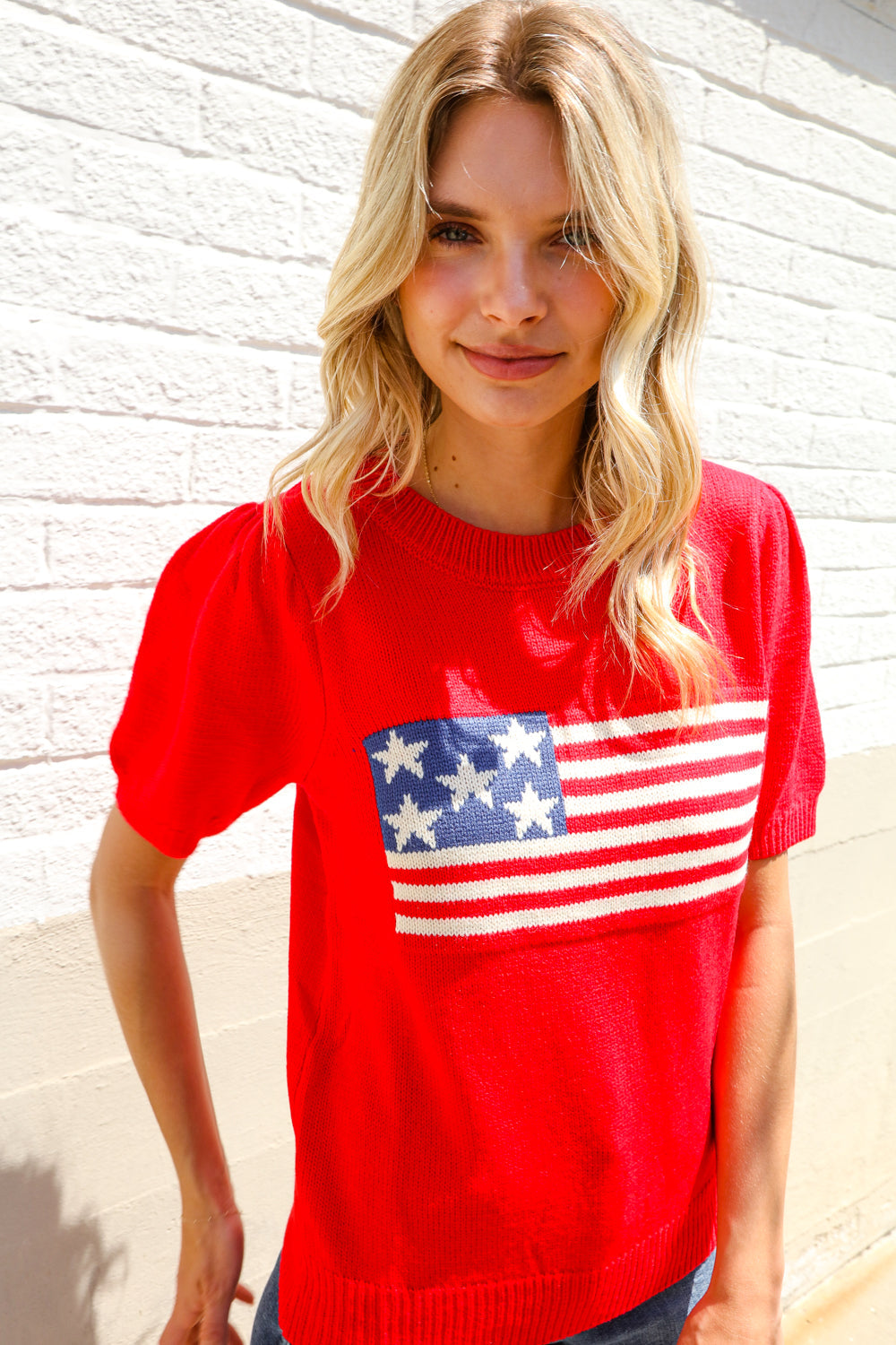 American Flag Bubble Short Sleeve Jacquard Sweater Knit Pullover