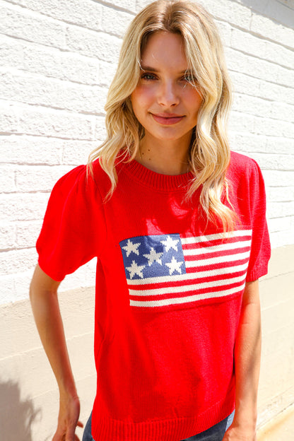 American Flag Bubble Short Sleeve Jacquard Sweater Knit Pullover
