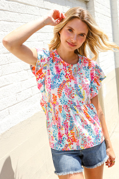 Perfect Find Ivory Floral Leaf Print Short Sleeve Babydoll Top