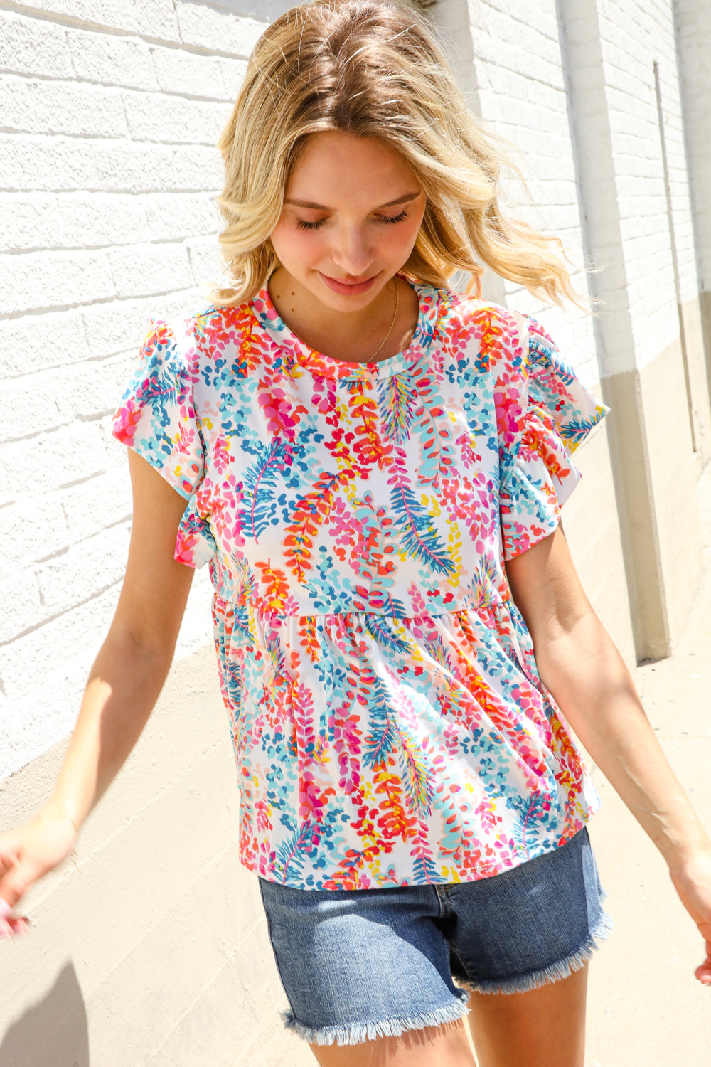 Perfect Find Ivory Floral Leaf Print Short Sleeve Babydoll Top