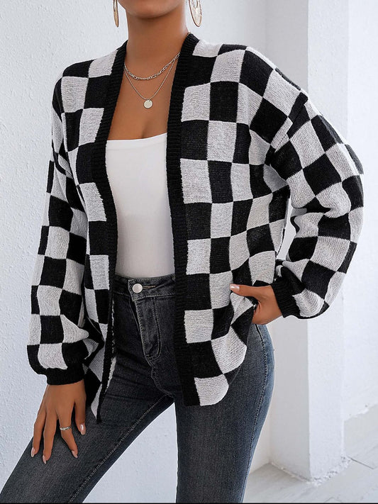 Checkered Open Front Long Sleeve Cardigan