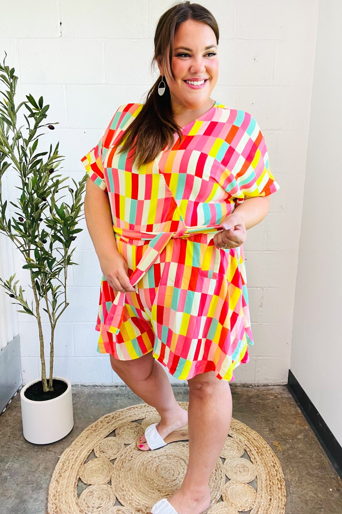Eyes On You Coral Geo Abstract Surplice Woven Romper